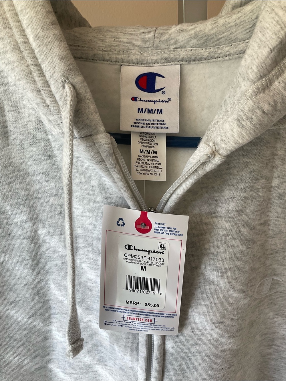 Champion Heather Light Gray Zip Hoodie with Tag